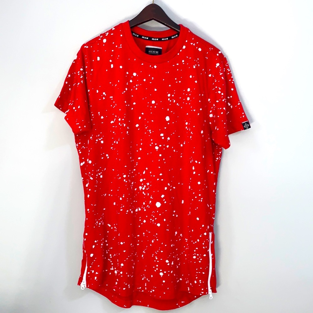 RISE AS 1NE paint splatter graphic tee t shirt with zips at bottom on both sides